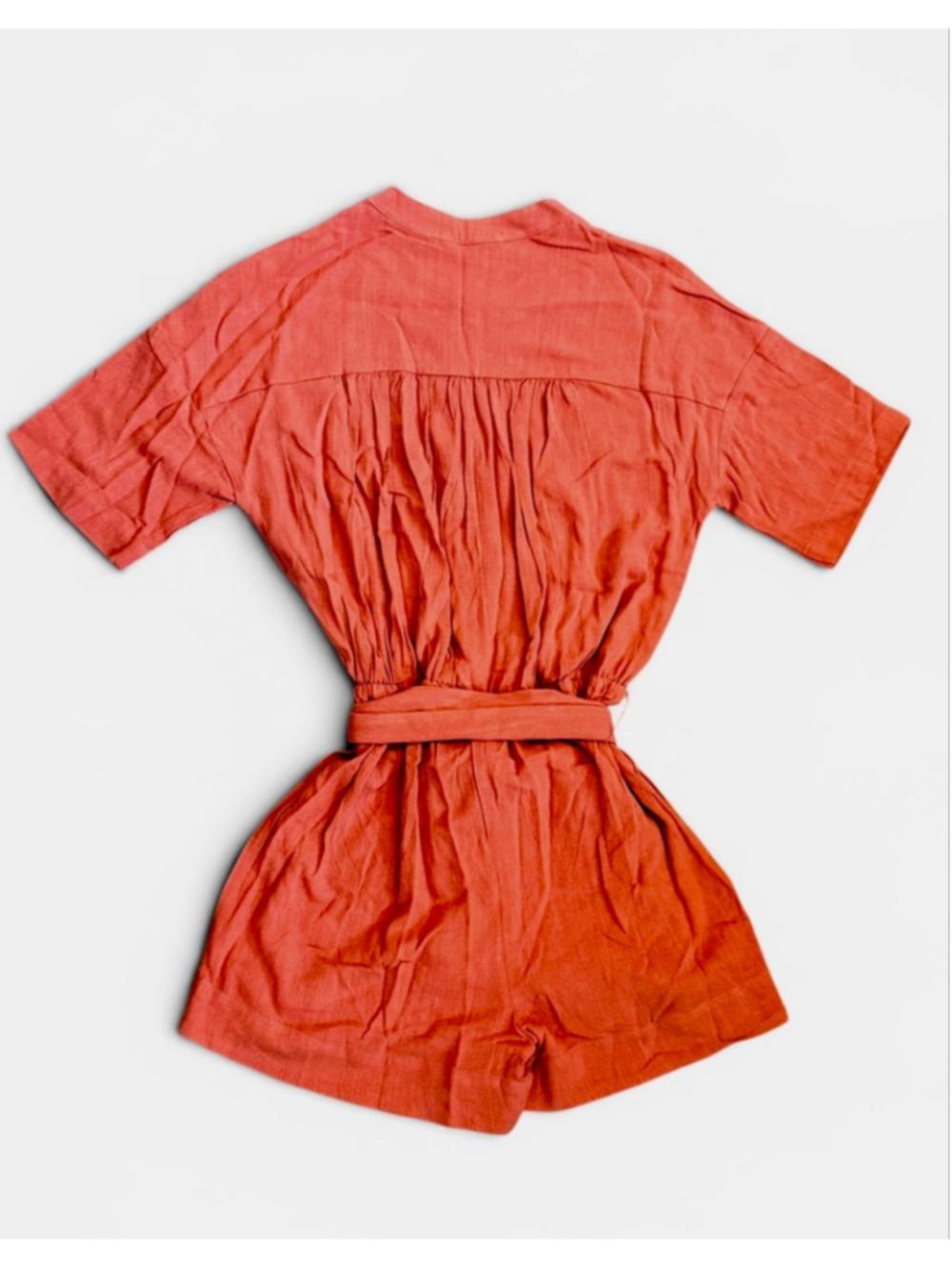 Gibsonlook Linen Blend Romper Small Brick Orange Tie Waist Short Sleeve NWT - Picture 3 of 8